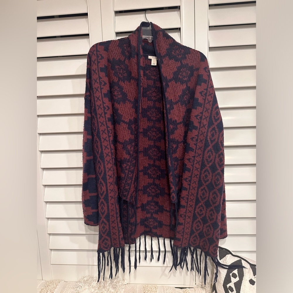 wool blend aztec fringe cardi coat